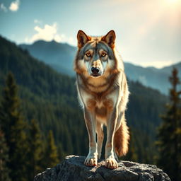 A stunning raw photograph of a majestic wolf standing on a rocky outcrop, with a background of a lush green forest and dramatic mountains under a clear blue sky