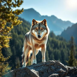 A stunning raw photograph of a majestic wolf standing on a rocky outcrop, with a background of a lush green forest and dramatic mountains under a clear blue sky