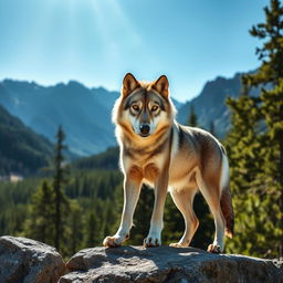 A stunning raw photograph of a majestic wolf standing on a rocky outcrop, with a background of a lush green forest and dramatic mountains under a clear blue sky