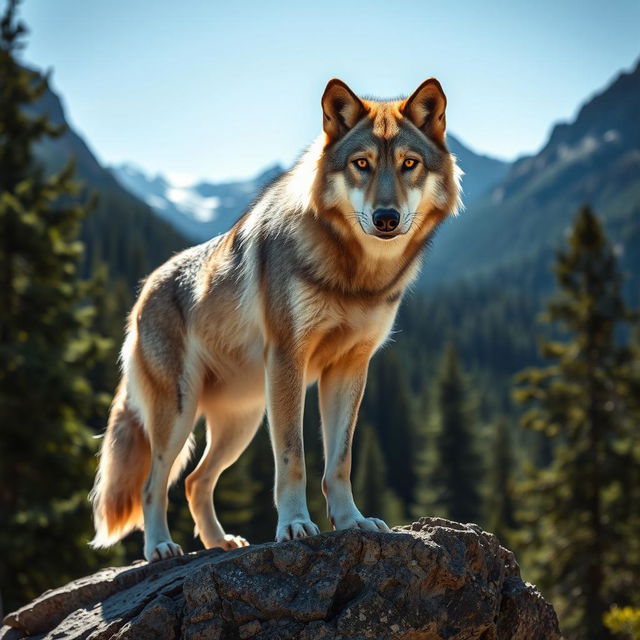 A stunning raw photograph of a majestic wolf standing on a rocky outcrop, with a background of a lush green forest and dramatic mountains under a clear blue sky