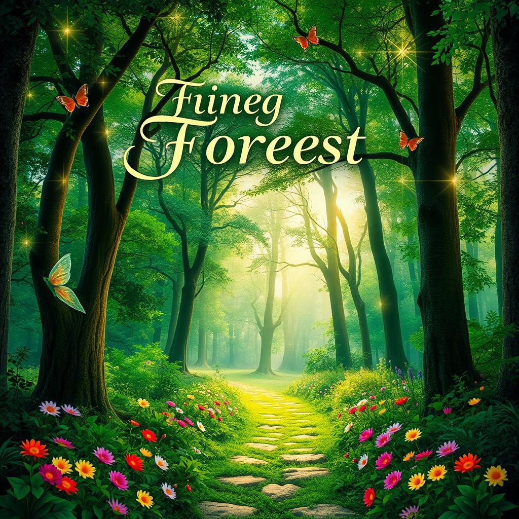 A vibrant and captivating book cover design featuring an enchanting forest scene with lush greenery, tall trees, and sparkling sunlight filtering through the leaves