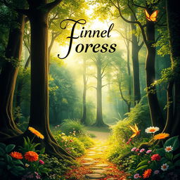 A vibrant and captivating book cover design featuring an enchanting forest scene with lush greenery, tall trees, and sparkling sunlight filtering through the leaves