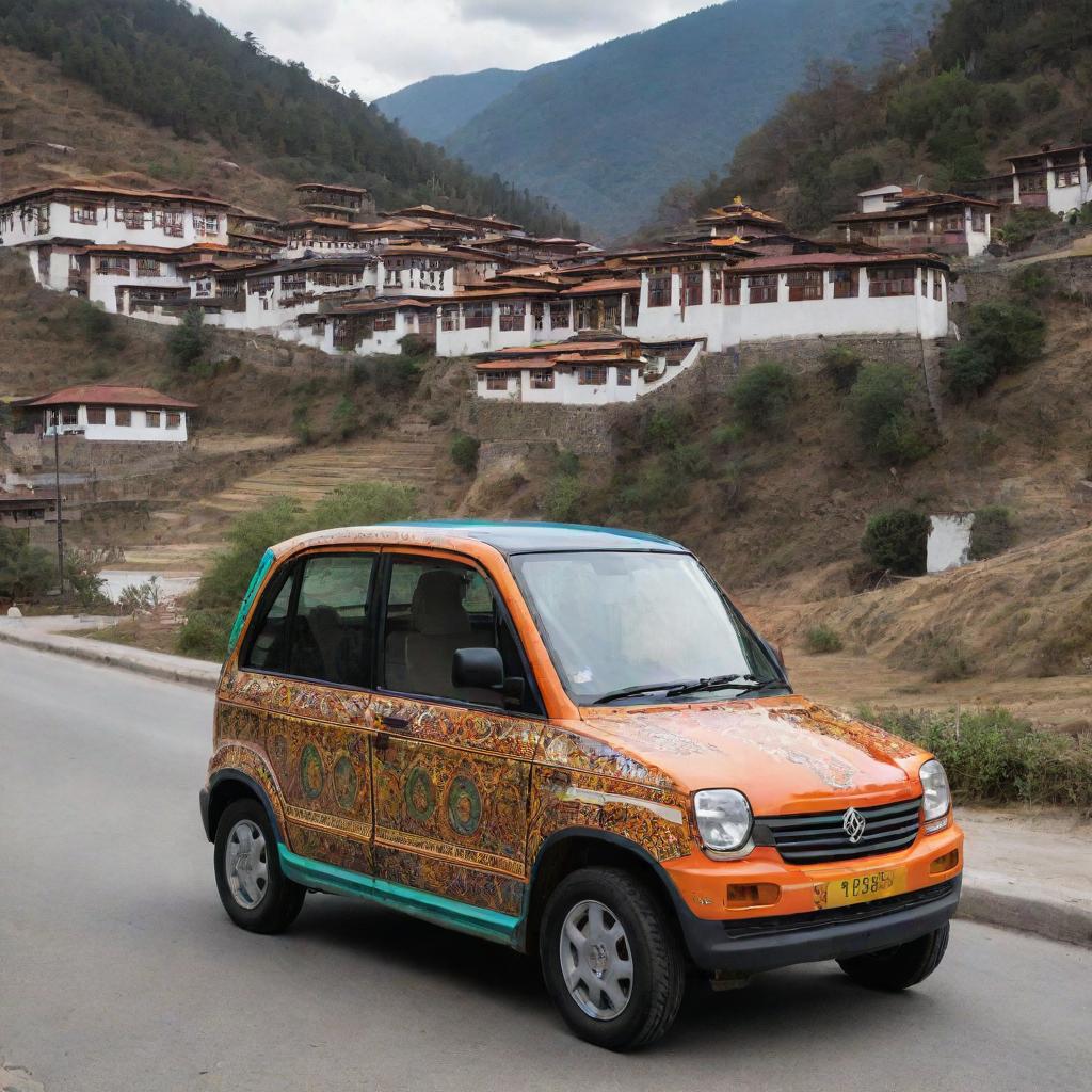 A compact electric car from Bhutan, reflecting the country's commitment to eco-friendliness, painted in vibrant colors and adorned with traditional Bhutanese motifs, navigating through the picturesque, hilly streets of Thimphu