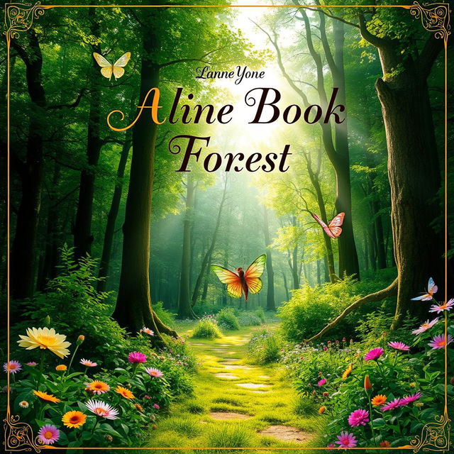 A vibrant and captivating book cover design featuring an enchanting forest scene with lush greenery, tall trees, and sparkling sunlight filtering through the leaves