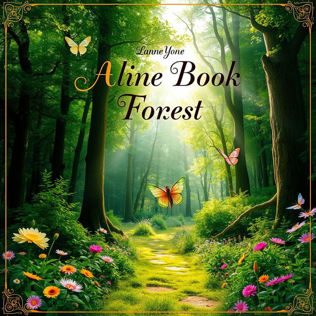 A vibrant and captivating book cover design featuring an enchanting forest scene with lush greenery, tall trees, and sparkling sunlight filtering through the leaves