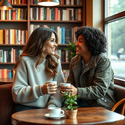 A cozy scene of two friends having a deep and meaningful conversation in a delightful café