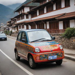 A compact electric car from Bhutan, reflecting the country's commitment to eco-friendliness, painted in vibrant colors and adorned with traditional Bhutanese motifs, navigating through the picturesque, hilly streets of Thimphu