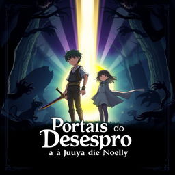 An anime-style cover for the title "Portais do Desespero: A Jornada de Takuya e Noelly"