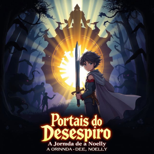 An anime-style cover for the title "Portais do Desespero: A Jornada de Takuya e Noelly"