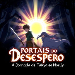 An anime-style cover for the title "Portais do Desespero: A Jornada de Takuya e Noelly"