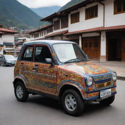 A compact electric car from Bhutan, reflecting the country's commitment to eco-friendliness, painted in vibrant colors and adorned with traditional Bhutanese motifs, navigating through the picturesque, hilly streets of Thimphu