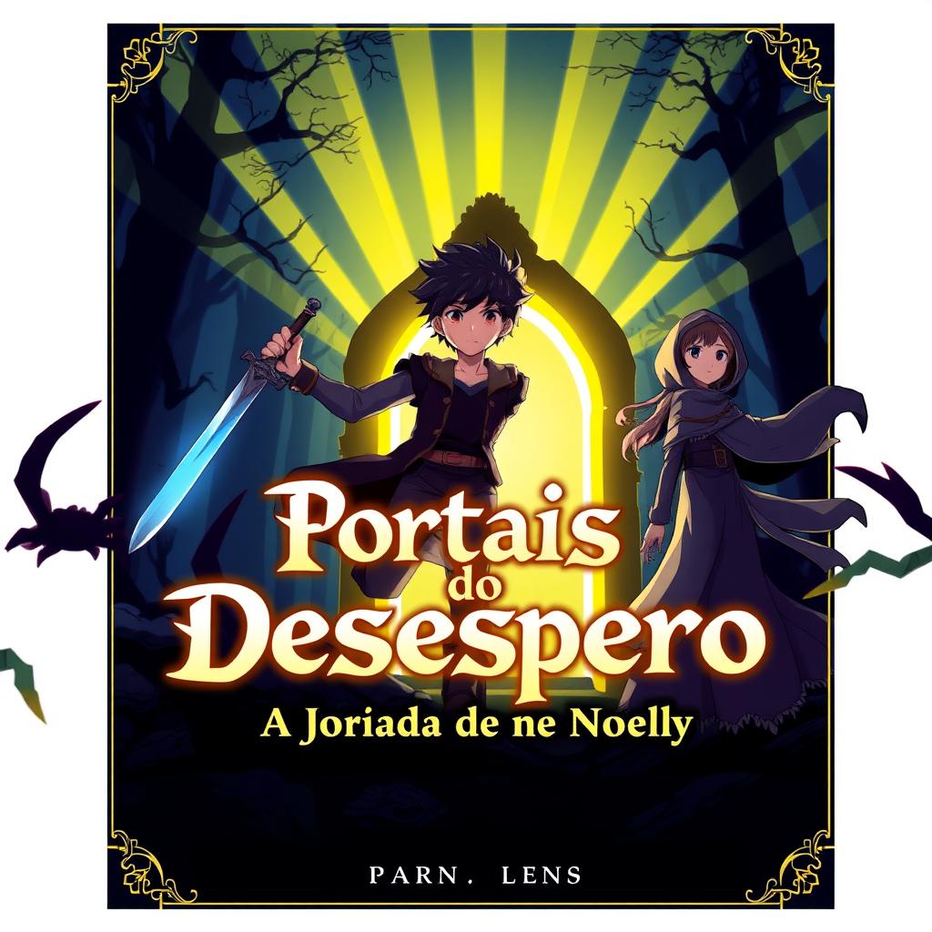 An anime-style cover for the title "Portais do Desespero: A Jornada de Takuya e Noelly"