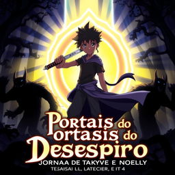 An anime-style cover for the title "Portais do Desespero: A Jornada de Takuya e Noelly"