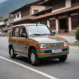 A compact electric car from Bhutan, reflecting the country's commitment to eco-friendliness, painted in vibrant colors and adorned with traditional Bhutanese motifs, navigating through the picturesque, hilly streets of Thimphu