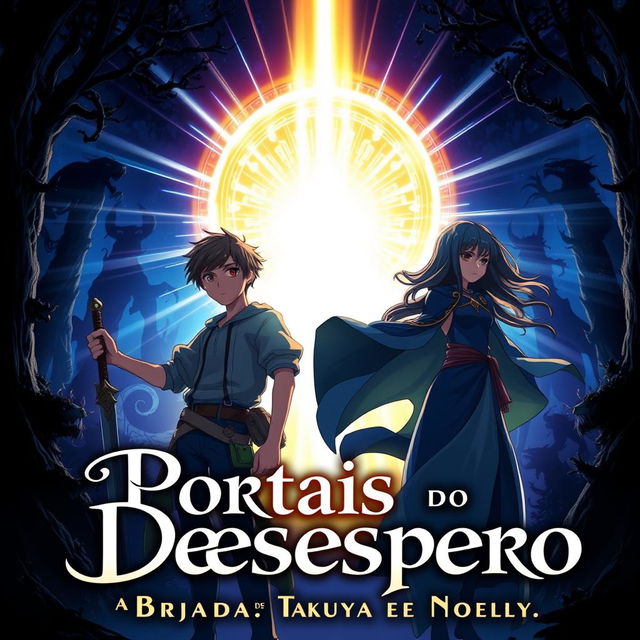 An anime-style cover for the title "Portais do Desespero: A Jornada de Takuya e Noelly"