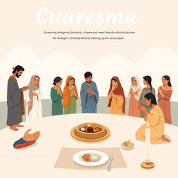 A contemplative illustration representing Cuaresma with a focus on the themes of almsgiving (limosna), fasting (ayuno), and prayer (oración)