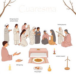 A contemplative illustration representing Cuaresma with a focus on the themes of almsgiving (limosna), fasting (ayuno), and prayer (oración)