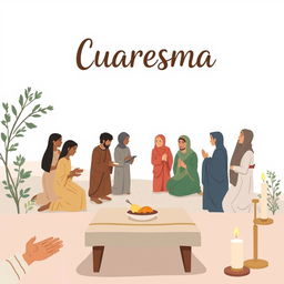 A contemplative illustration representing Cuaresma with a focus on the themes of almsgiving (limosna), fasting (ayuno), and prayer (oración)