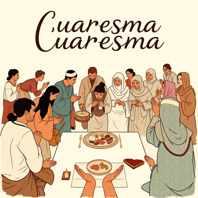 A contemplative illustration representing Cuaresma with a focus on the themes of almsgiving (limosna), fasting (ayuno), and prayer (oración)