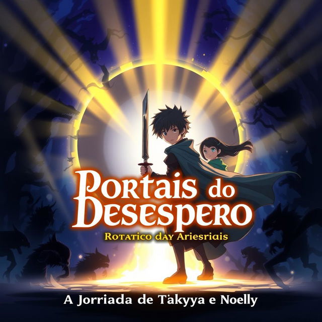 An anime-style cover for the title "Portais do Desespero: A Jornada de Takuya e Noelly"