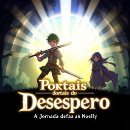 An anime-style cover for the title "Portais do Desespero: A Jornada de Takuya e Noelly"