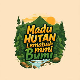 A creative t-shirt design featuring the phrase "Madu Hutan Lembah Bumi" depicted in an artistic and eye-catching typography