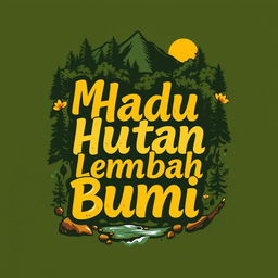 A creative t-shirt design featuring the phrase "Madu Hutan Lembah Bumi" depicted in an artistic and eye-catching typography