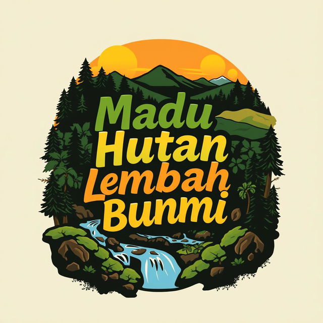 A creative t-shirt design featuring the phrase "Madu Hutan Lembah Bumi" depicted in an artistic and eye-catching typography