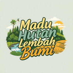 A creative t-shirt design featuring the phrase "Madu Hutan Lembah Bumi" depicted in an artistic and eye-catching typography