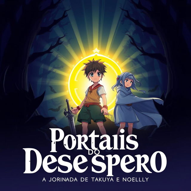 An anime-style cover for the title "Portais do Desespero: A Jornada de Takuya e Noelly"