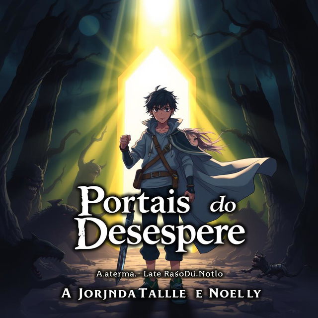 An anime-style cover for the title "Portais do Desespero: A Jornada de Takuya e Noelly"