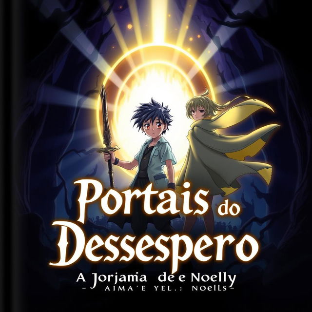 An anime-style cover for the title "Portais do Desespero: A Jornada de Takuya e Noelly"