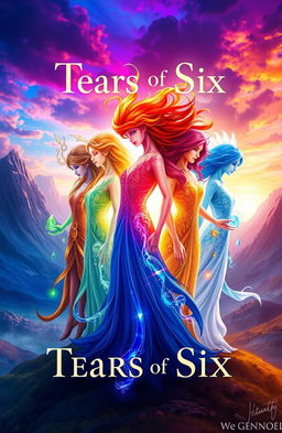 A visually stunning fantasy artwork titled 'Tears of Six', featuring six ethereal figures representing different elements: fire, water, earth, air, light, and shadow