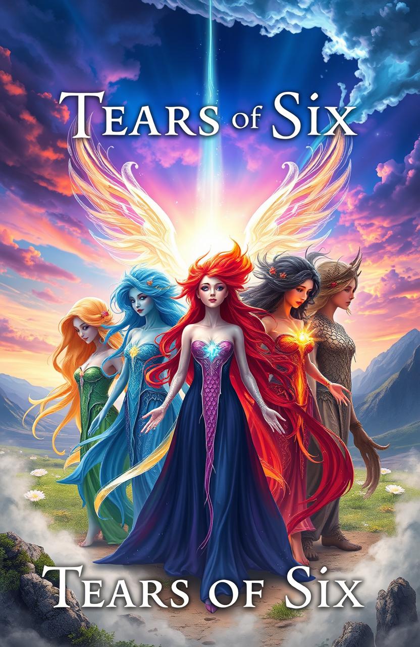 A visually stunning fantasy artwork titled 'Tears of Six', featuring six ethereal figures representing different elements: fire, water, earth, air, light, and shadow