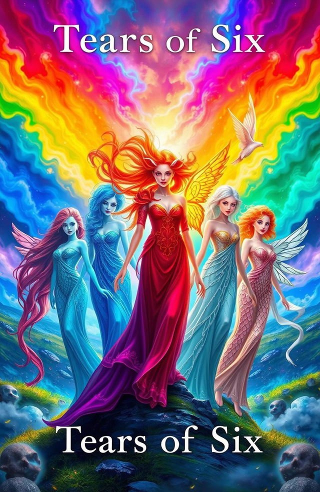 A visually stunning fantasy artwork titled 'Tears of Six', featuring six ethereal figures representing different elements: fire, water, earth, air, light, and shadow