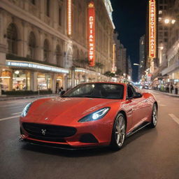 A luxurious sports car from Macau exhibiting an elegant design, high-performance features, and state-of-the-art technology, cruising along the illuminated streets of the city's vibrant casino strip