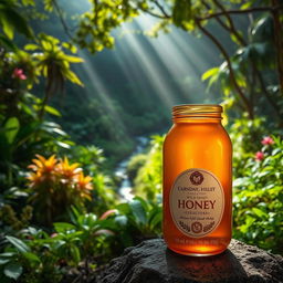 A picturesque view of a lush tropical forest at the valley floor, with vibrant green trees and rich undergrowth