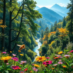 A breathtaking forest landscape showcasing a hidden valley rich with vibrant flora and fauna, featuring towering trees with thick canopies, sunlight filtering through the leaves, and a crystal clear river snaking through the valley floor