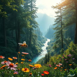 A breathtaking forest landscape showcasing a hidden valley rich with vibrant flora and fauna, featuring towering trees with thick canopies, sunlight filtering through the leaves, and a crystal clear river snaking through the valley floor