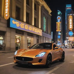 A luxurious sports car from Macau exhibiting an elegant design, high-performance features, and state-of-the-art technology, cruising along the illuminated streets of the city's vibrant casino strip