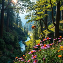 A breathtaking forest landscape showcasing a hidden valley rich with vibrant flora and fauna, featuring towering trees with thick canopies, sunlight filtering through the leaves, and a crystal clear river snaking through the valley floor