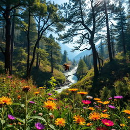 A breathtaking forest landscape showcasing a hidden valley rich with vibrant flora and fauna, featuring towering trees with thick canopies, sunlight filtering through the leaves, and a crystal clear river snaking through the valley floor