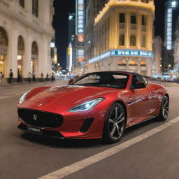 A luxurious sports car from Macau exhibiting an elegant design, high-performance features, and state-of-the-art technology, cruising along the illuminated streets of the city's vibrant casino strip