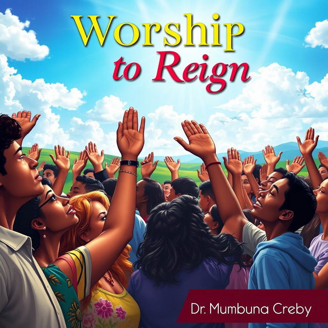 A vibrant and diverse scene depicting a multitude of multilingual people worshipping God with raised hands, some with tears in their eyes