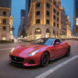 A luxurious sports car from Macau exhibiting an elegant design, high-performance features, and state-of-the-art technology, cruising along the illuminated streets of the city's vibrant casino strip