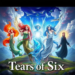 A visually enchanting fantasy artwork titled 'Tears of Six', depicting six celestial beings each representing a unique element: fire, water, earth, air, light, and shadow