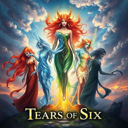 A visually enchanting fantasy artwork titled 'Tears of Six', depicting six celestial beings each representing a unique element: fire, water, earth, air, light, and shadow