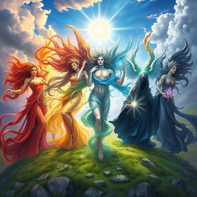 A visually enchanting fantasy artwork titled 'Tears of Six', depicting six celestial beings each representing a unique element: fire, water, earth, air, light, and shadow