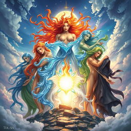 A visually enchanting fantasy artwork titled 'Tears of Six', depicting six celestial beings each representing a unique element: fire, water, earth, air, light, and shadow