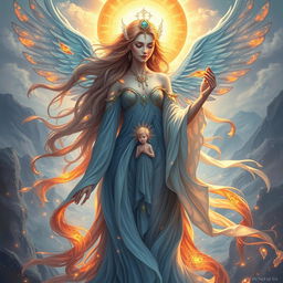 An enchanting fantasy artwork titled 'Tears of Six', featuring a beautiful goddess at the forefront, embodying the essence of six elements: stone, water, fire, air, sun, and a human figure shyly standing in the middle of the goddess